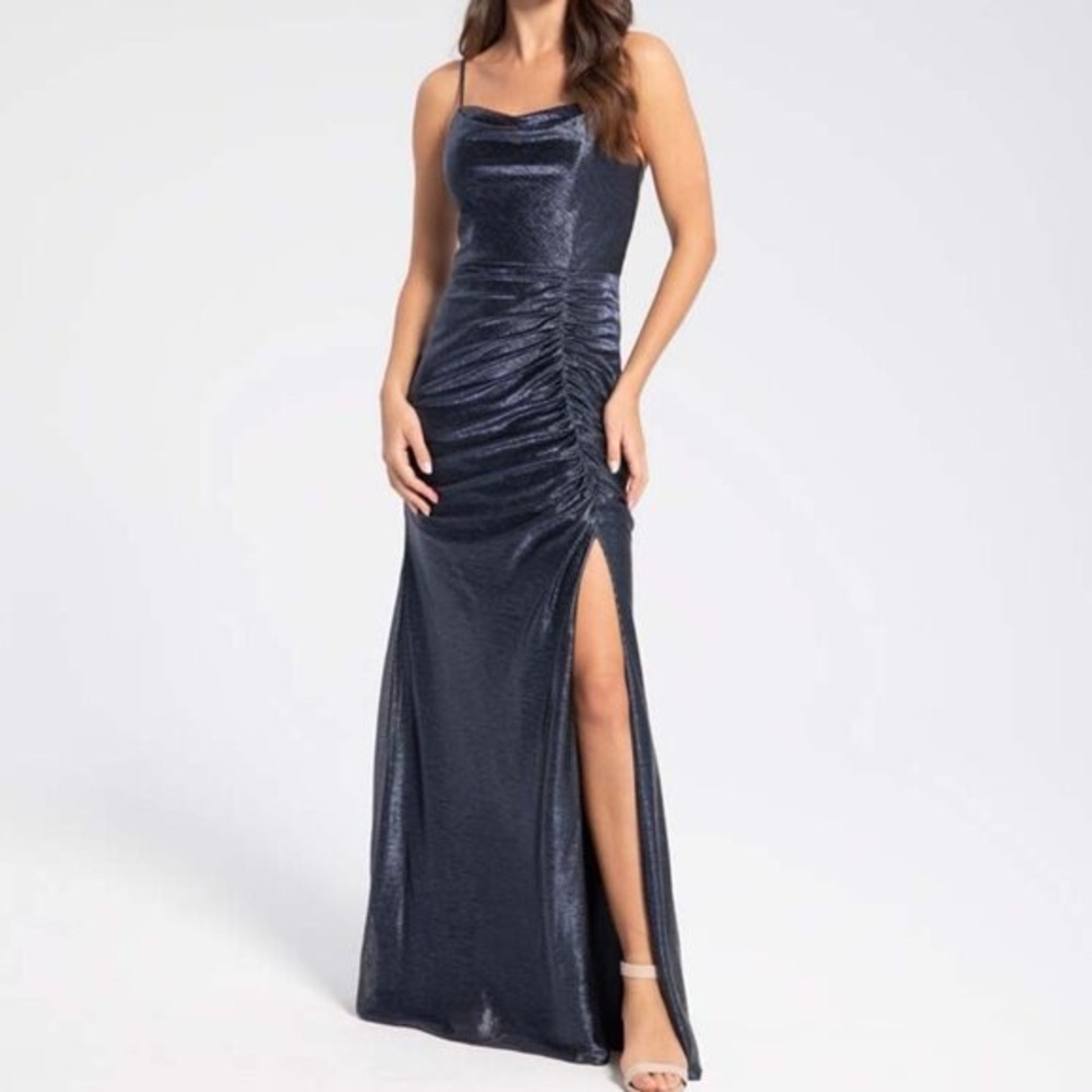 Sleek Metallic Blue Maxi Dress